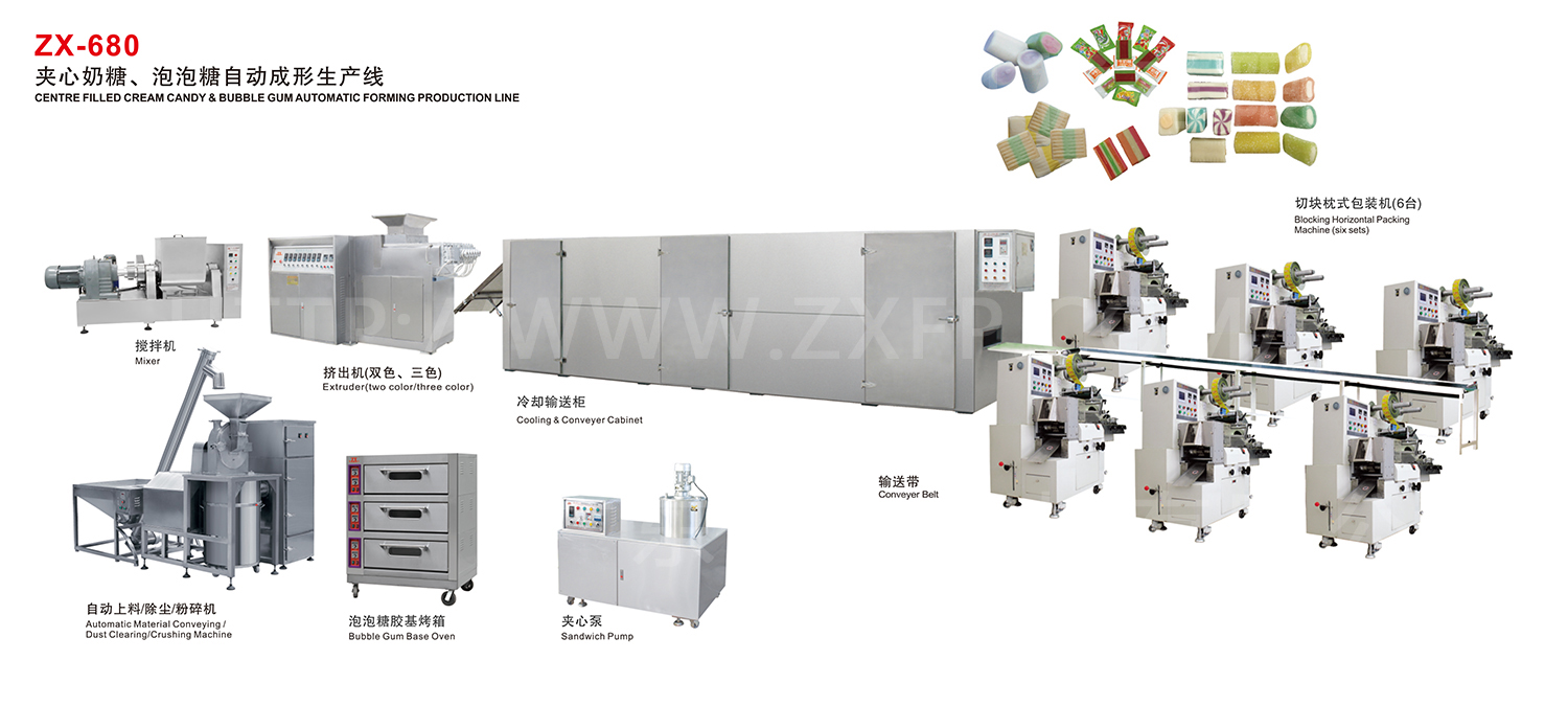 ZX-680 CENTRE FILLED CREAM CANDY & BUBBLE GUM AUTOMATIC FORMING PRODUCTION LINE
